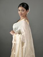 Ivory Chequered Handwoven Mangalagiri Silk Saree - Image 4