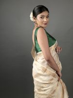 Ivory Chequered Handwoven Mangalagiri Silk Saree - Image 5