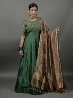 Bottle Green Embroidered Silk Dress ( Set of 2)