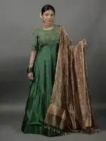 Bottle Green Embroidered Silk Dress ( Set of 2)