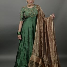 Bottle Green Embroidered Silk Dress ( Set of 2)