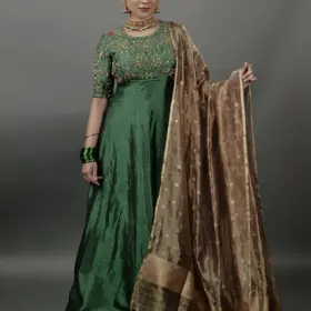 Bottle Green Embroidered Silk Dress ( Set of 2)