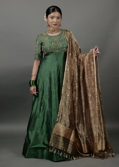 Bottle Green Embroidered Silk Dress ( Set of 2)