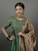 Bottle Green Embroidered Silk Dress ( Set of 2) - Image 2