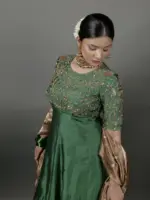 Bottle Green Embroidered Silk Dress ( Set of 2) - Image 4