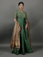 Bottle Green Embroidered Silk Dress ( Set of 2) - Image 5