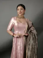 Pink Banarasi Silk Dress ( Set of 2) - Image 6