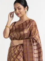Metallic Brown Chequered Tissue Silk Saree - Image 2