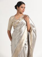 Silver Handwoven Tissue Silk Saree - Image 4