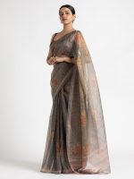 Grey Printed Tissue Silk Saree