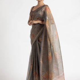 Grey Printed Tissue Silk Saree