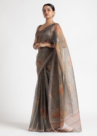 Grey Printed Tissue Silk Saree