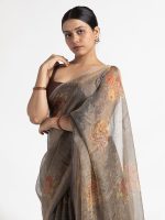 Grey Printed Tissue Silk Saree - Image 5