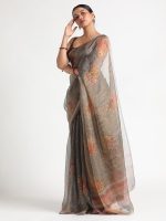 Grey Printed Tissue Silk Saree - Image 2