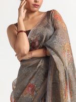 Grey Printed Tissue Silk Saree - Image 4