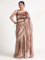 Dark Brown Printed Tissue Silk Saree