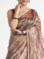 Dark Brown Printed Tissue Silk Saree - Image 2