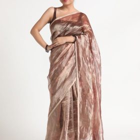 Dark Brown Printed Tissue Silk Saree