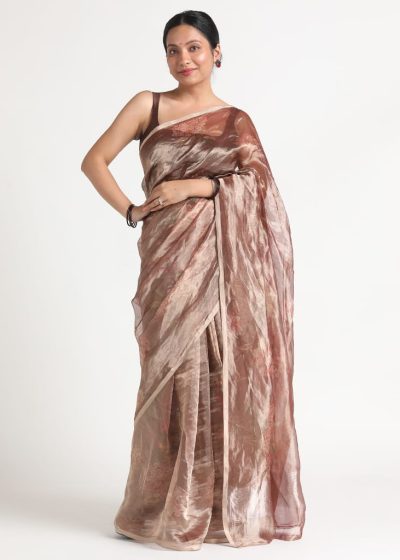 Dark Brown Printed Tissue Silk Saree