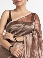 Dark Brown Printed Tissue Silk Saree - Image 4