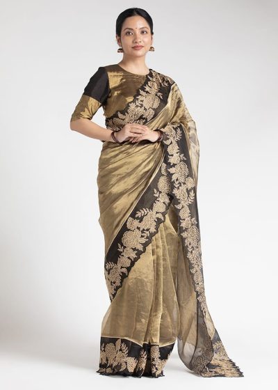 Gold Tissue Silk Saree with Beautiful Floral Applique
