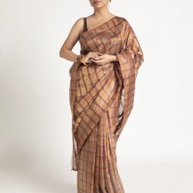 Metallic Brown Chequered  Tissue Silk Saree