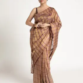 Metallic Brown Chequered Tissue Silk Saree