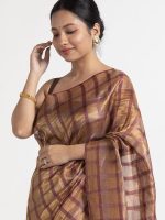 Metallic Brown Chequered  Tissue Silk Saree - Image 2