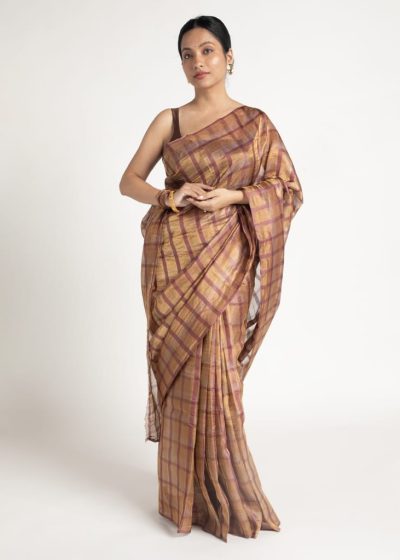Metallic Brown Chequered  Tissue Silk Saree