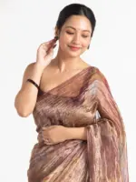 Brown Printed Tissue Silk Saree - Image 2
