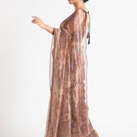 Brown Printed Tissue Silk Saree