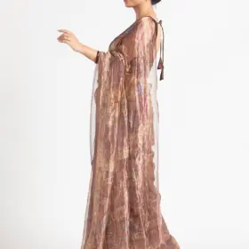 Brown Printed Tissue Silk Saree