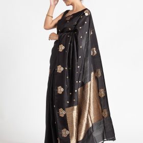 Black Banarasi Silk Saree with Woven Gold Zari Buttis