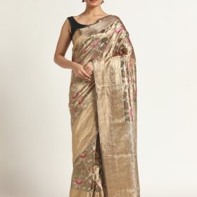 Metallic Black Banarasi Handloom Tissue Silk Saree with Jamdani Weaves