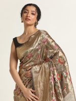 Metallic Black Banarasi Handloom Tissue Silk Saree with Jamdani Weaves - Image 3