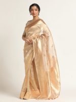 Ivory Banarasi Handloom Tissue Silk Saree with Kadhwa Zari Motifs. - Image 4