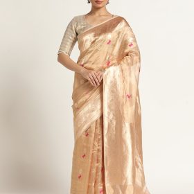 Ivory Banarasi Handloom Tissue Silk Saree with Jamdani Weaves.