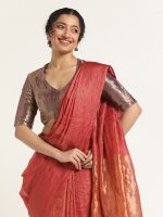 Red Handloom Tussar Silk Saree. - Image 2