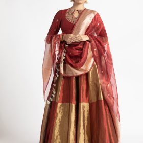 Maroon Embroidered Chanderi Silk Lehenga (Set of 3)