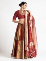 Maroon Embroidered Chanderi Silk Lehenga (Set of 3) - Image 4