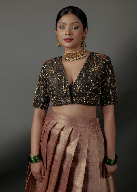 Black Embroidered Raw Silk Blouse