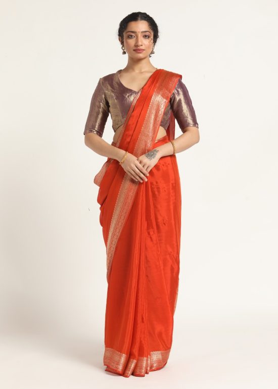 Orange Banarasi Chinnon Silk Saree