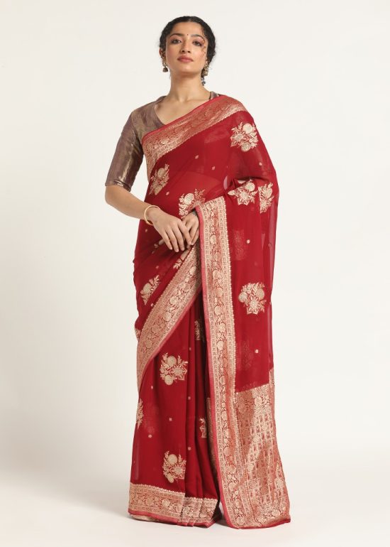 Madder Red Banarasi Georgette Silk Saree