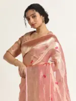 Pink Banarasi Handloom Tissue Silk Saree with Jamdani Weaves - Image 4