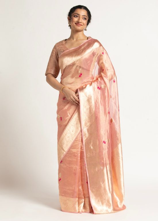 Pink Banarasi Handloom Tissue Silk Saree with Jamdani Weaves