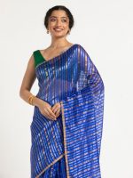 Blue Chanderi Silk Saree with Woven Zari Stripes - Image 2