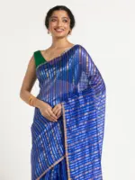 Blue Chanderi Silk Saree with Woven Zari Stripes - Image 2