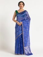 Blue Chanderi Silk Saree with Woven Zari Stripes
