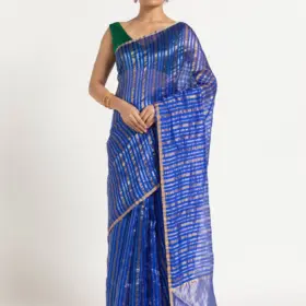 Blue Chanderi Silk Saree with Woven Zari Stripes