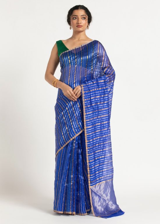 Blue Chanderi Silk Saree with Woven Zari Stripes